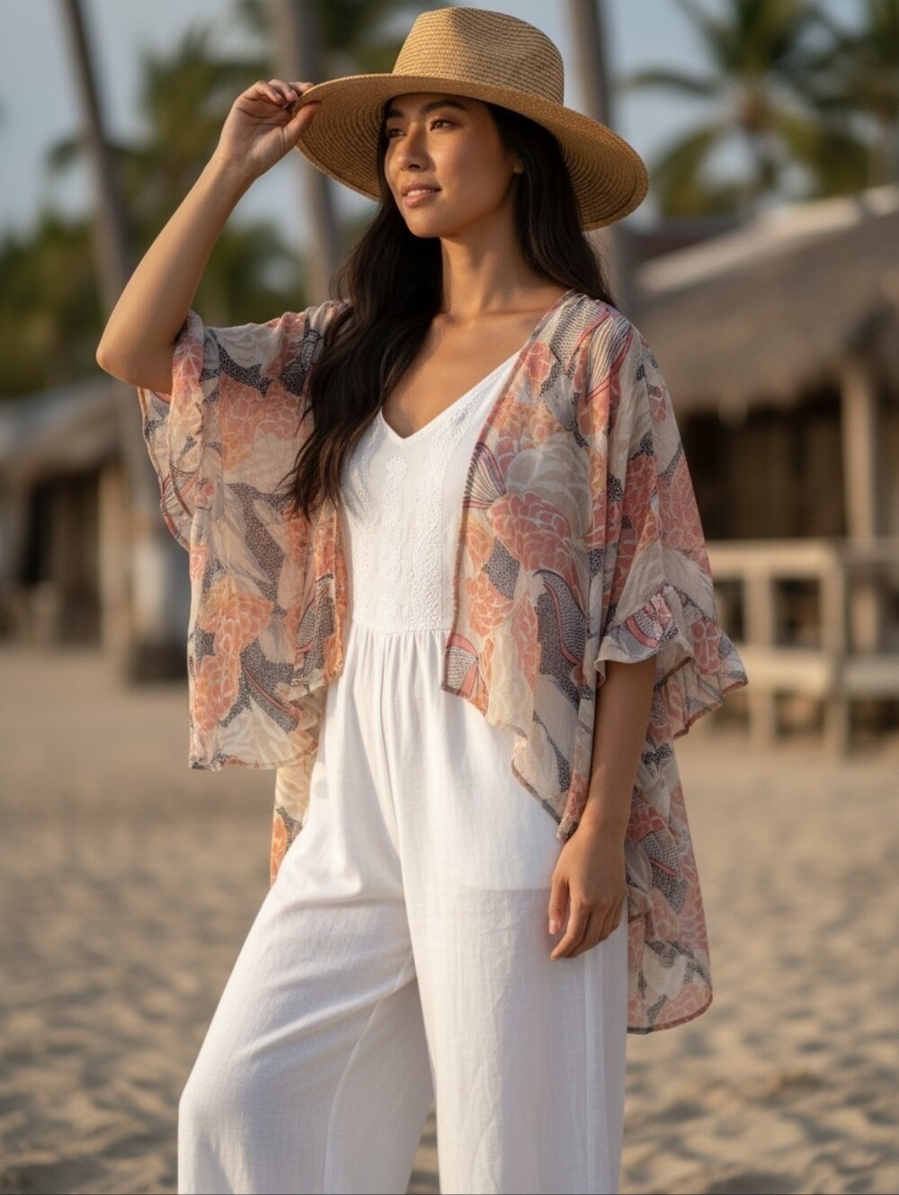 Umgee Sheer Floral Kimono in Peach, Cream and Black.  Flowy Half Sleeve. Fits XL